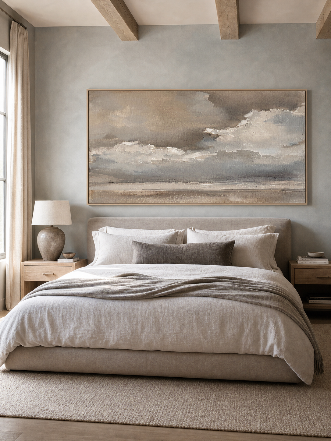 Vintage Cloud Landscape Oil Painting Beige Gray Wall Art For Living Room Decor