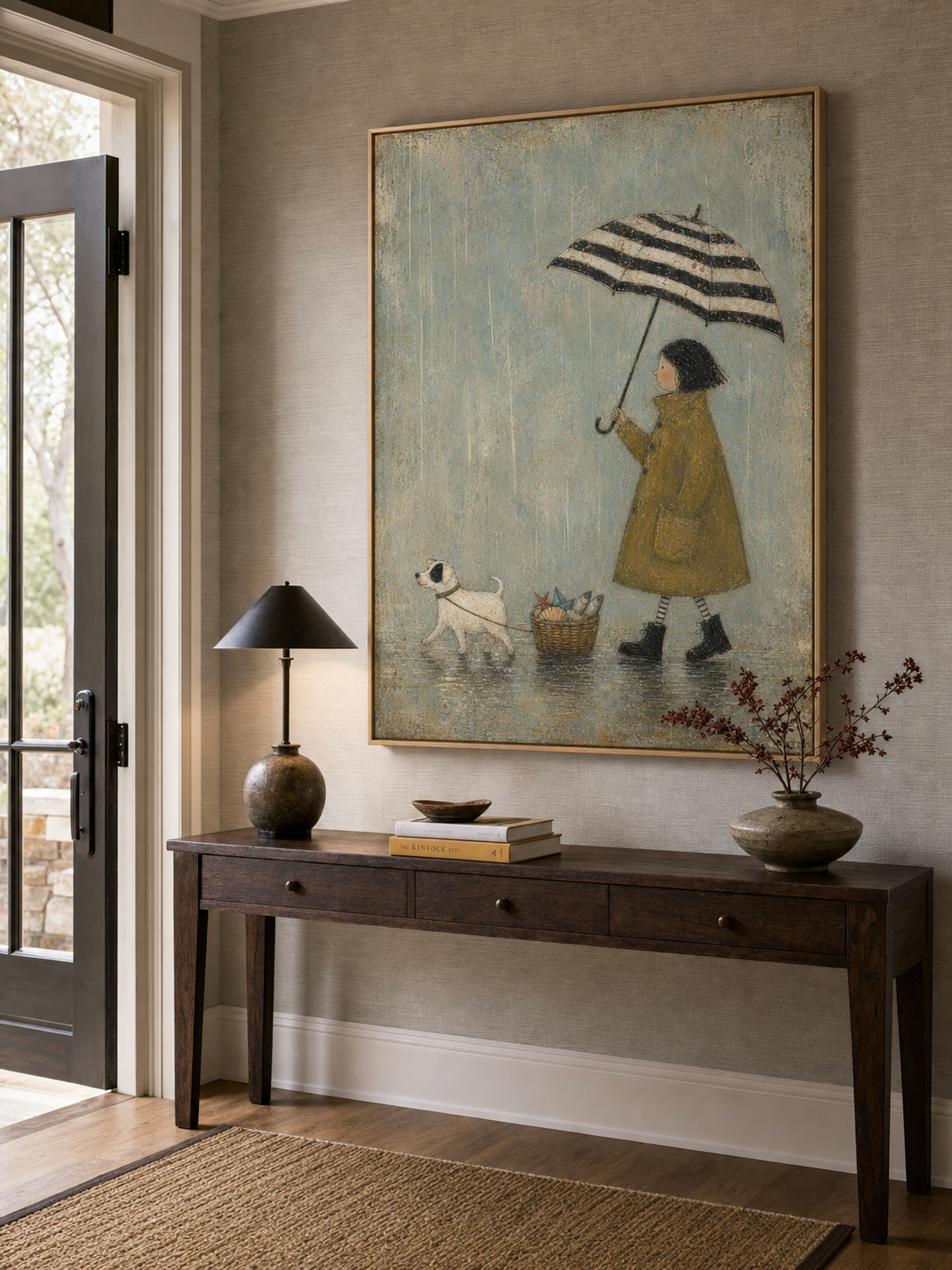Rainy Day Dog Canvas Wall Art Striped Umbrella And Fish Basket Vintage Decor