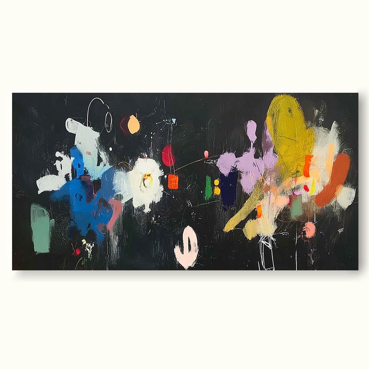 Large Horizontal Abstract Painting With Vibrant Colors On Black Canvas