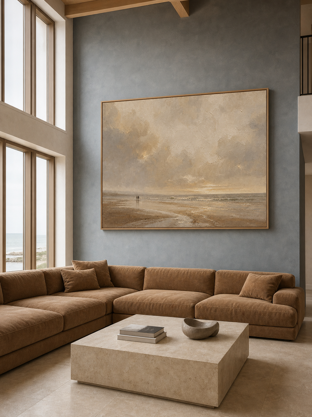 Minimalist Neutral Beach Oil Painting Large Vintage Ocean Canvas Art