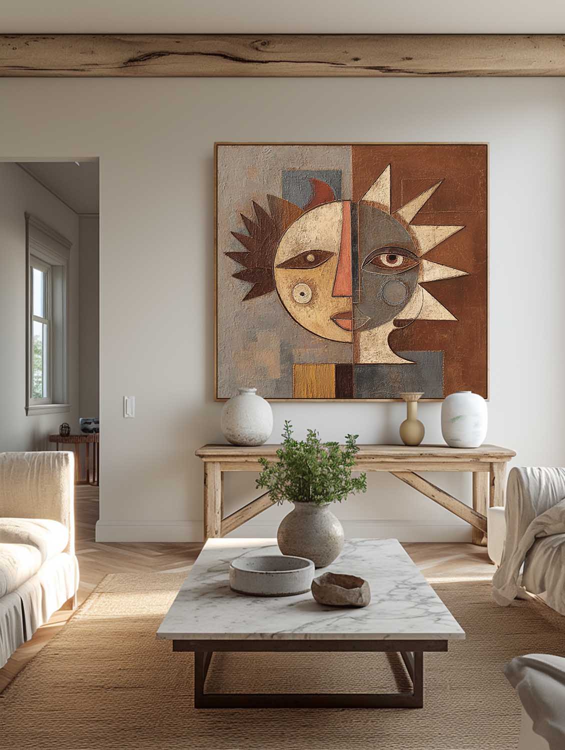 Hand Painted Geometric Portrait On Linen Canvas With Refined Brushwork Texture
