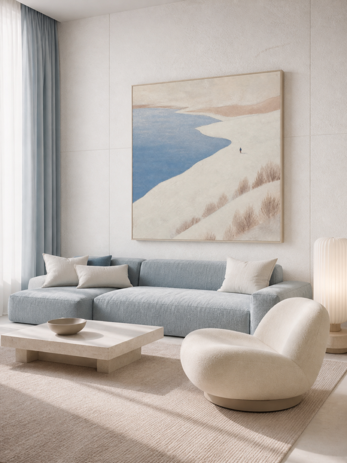Oversized Ivory Shoreline With Winding Blue Water Contemporary Canvas Art