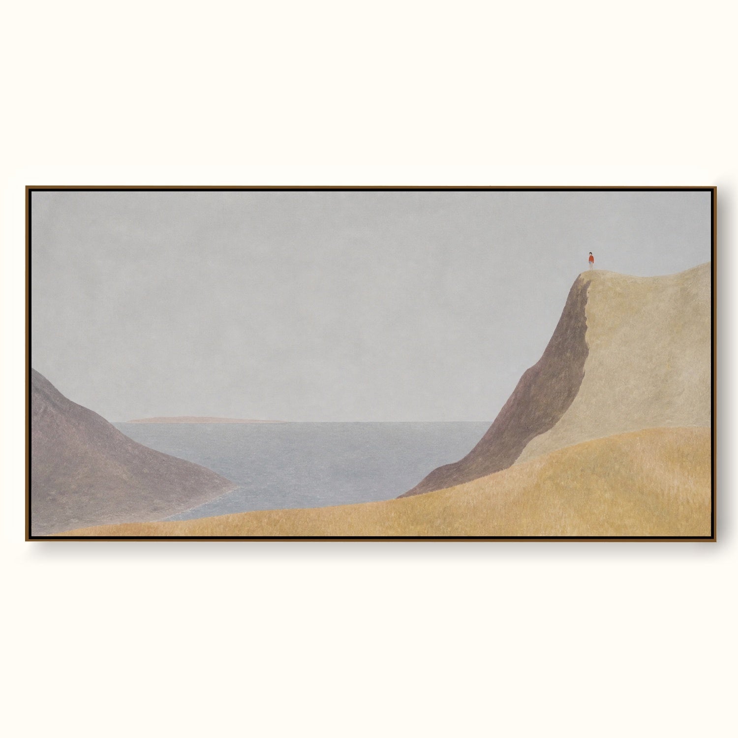 Beige Coastal Wall Art Hand Painted Minimalist Cliff Scene For Bedroom
