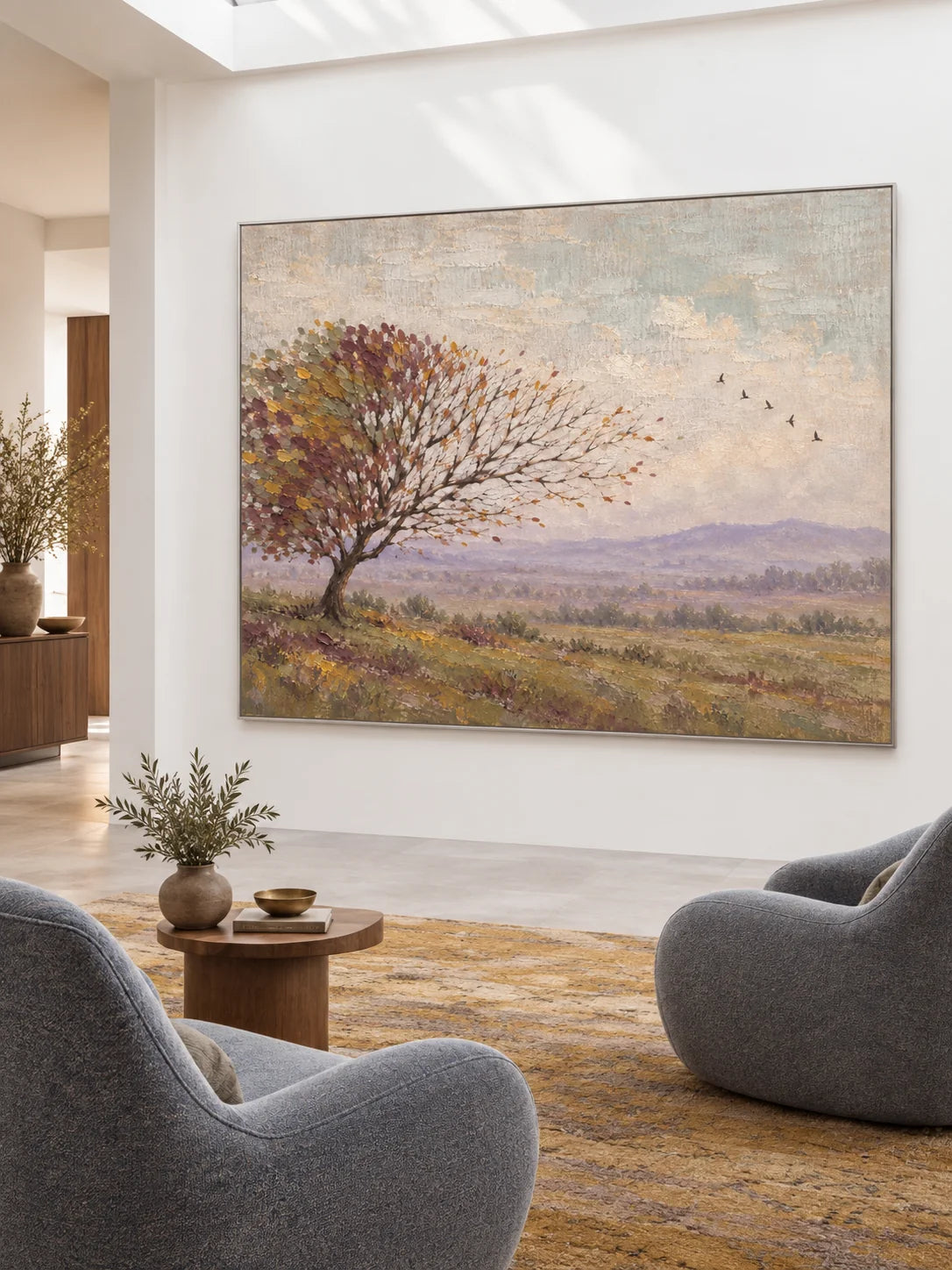 Minimalist Rural Landscape Wall Art Hand Painted Autumn Tree And Mountain Painting