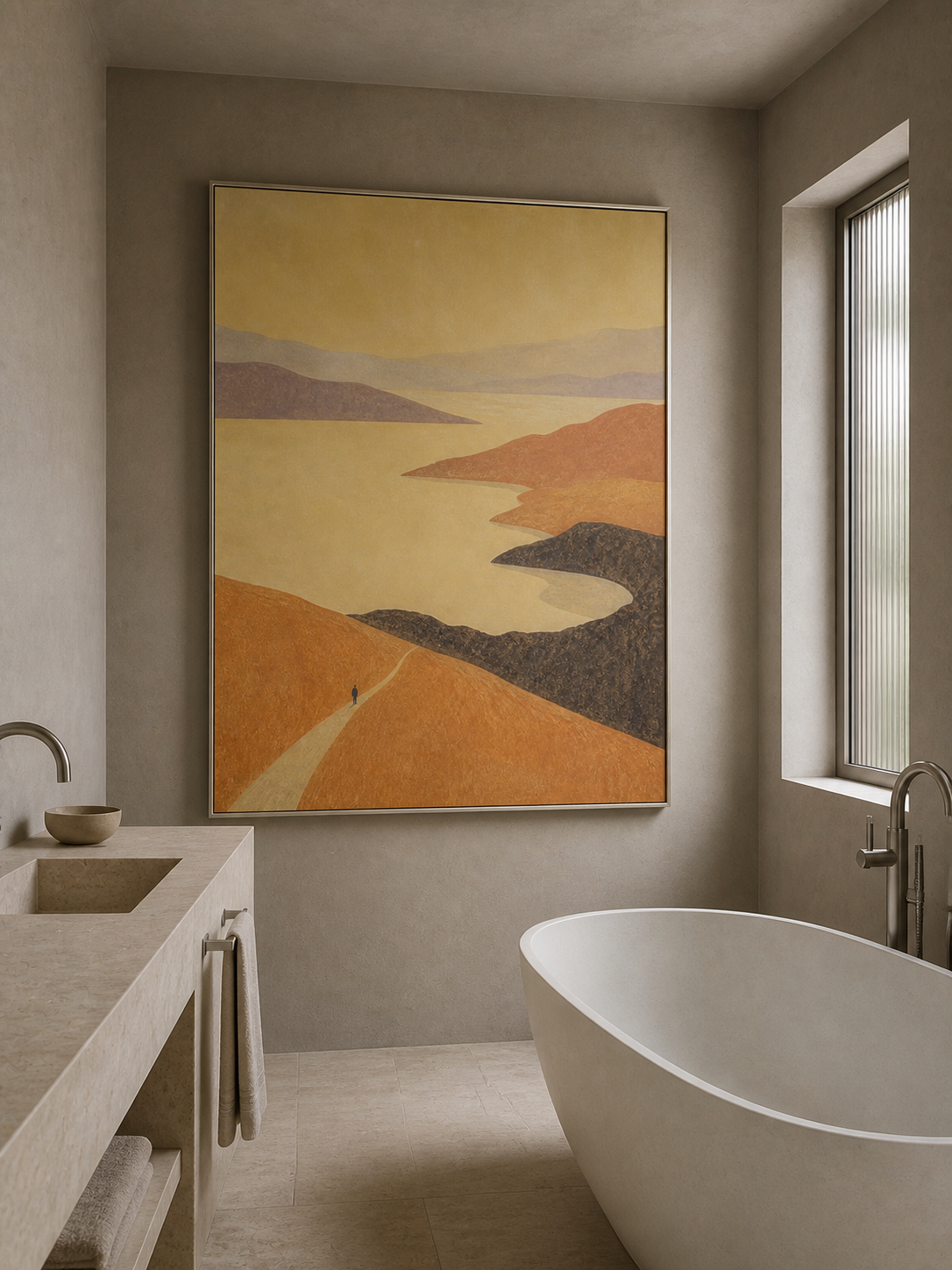 Abstract Lake Landscape Canvas Painting With Solitary Figure In Beige And Brown
