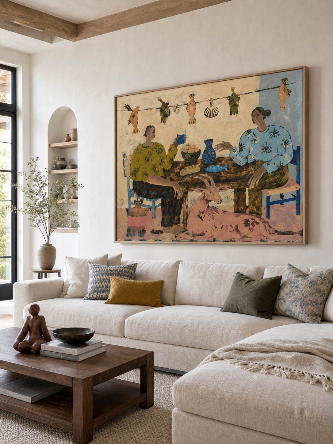 Large Minimalist Bohemian People Canvas Art Framed Original Retro Dining Room Painting