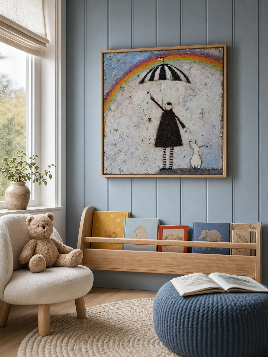 Vintage Figure With Rainbow And Dog Original Oil Painting On Textured White Canvas For Modern Home