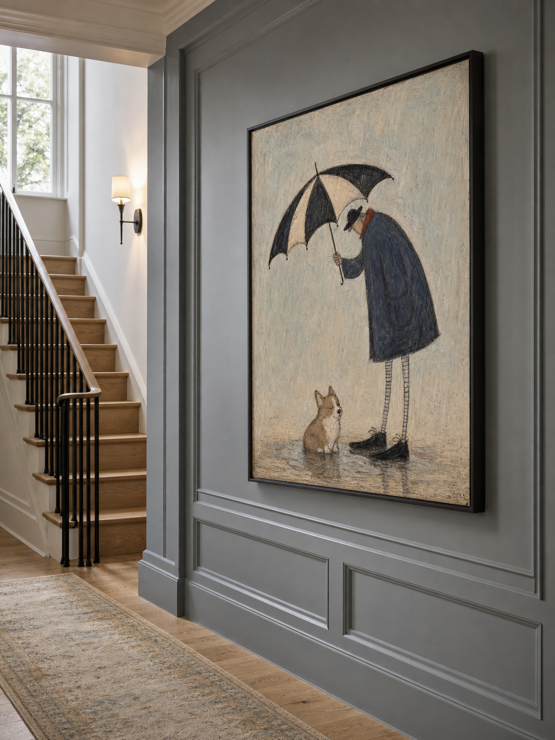 Rainy Day Corgi Canvas Wall Art Gentle Umbrella Moment Vintage Pet Lover Gift