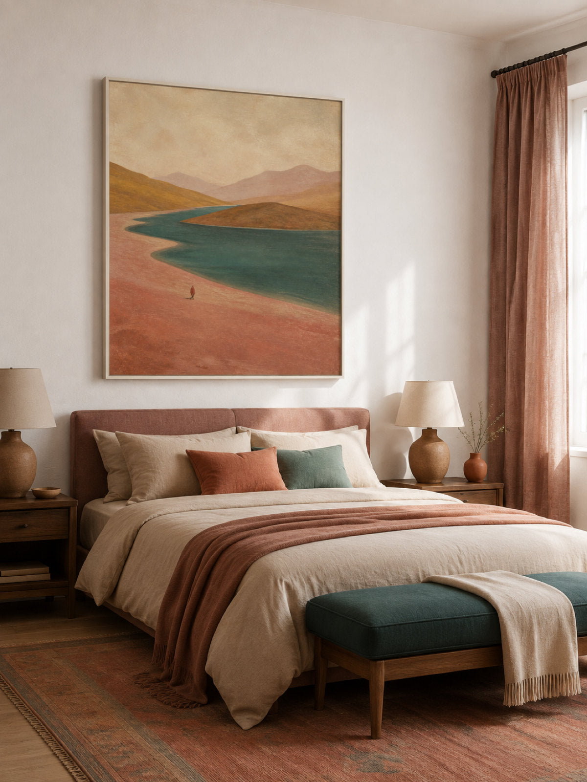 Hand-Painted Winding River Landscape Canvas Wall Art With Lone Red Figure