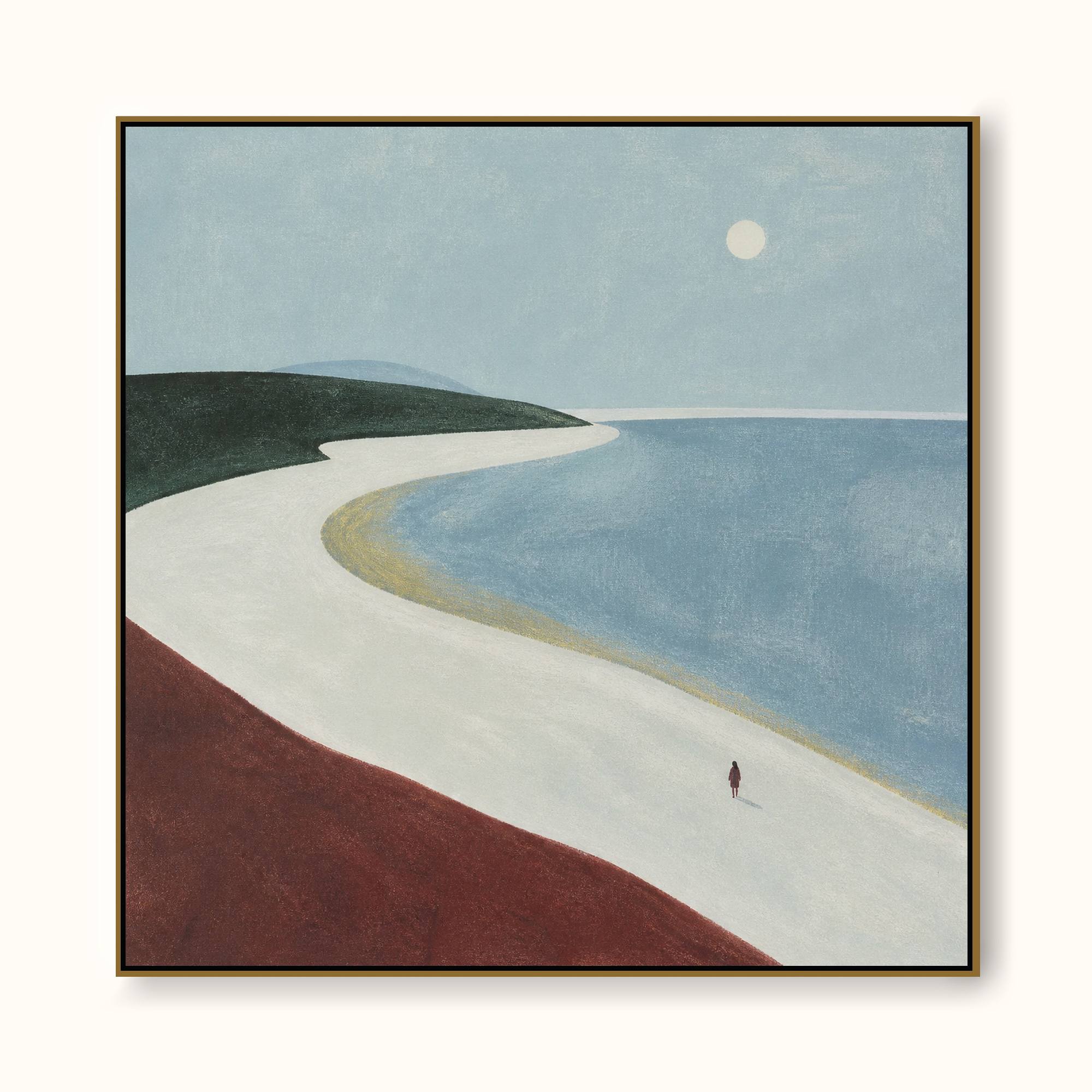 Minimalist Moonlit Beach Painting Original Art In Soft Blue And Earth Tones