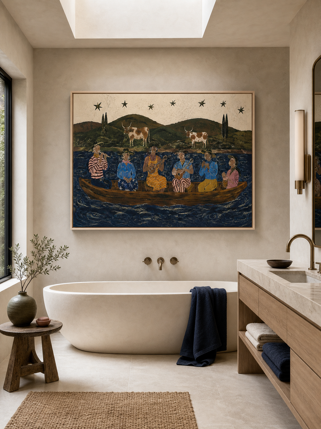 Handmade Folk Art Oil Painting With Musicians On Boat Vintage Bohemian Figurative Painting