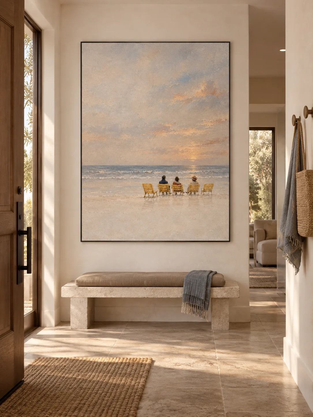 Calm Serene Minimalist Beach Canvas Art At Sunset For Modern Bedroom Decor