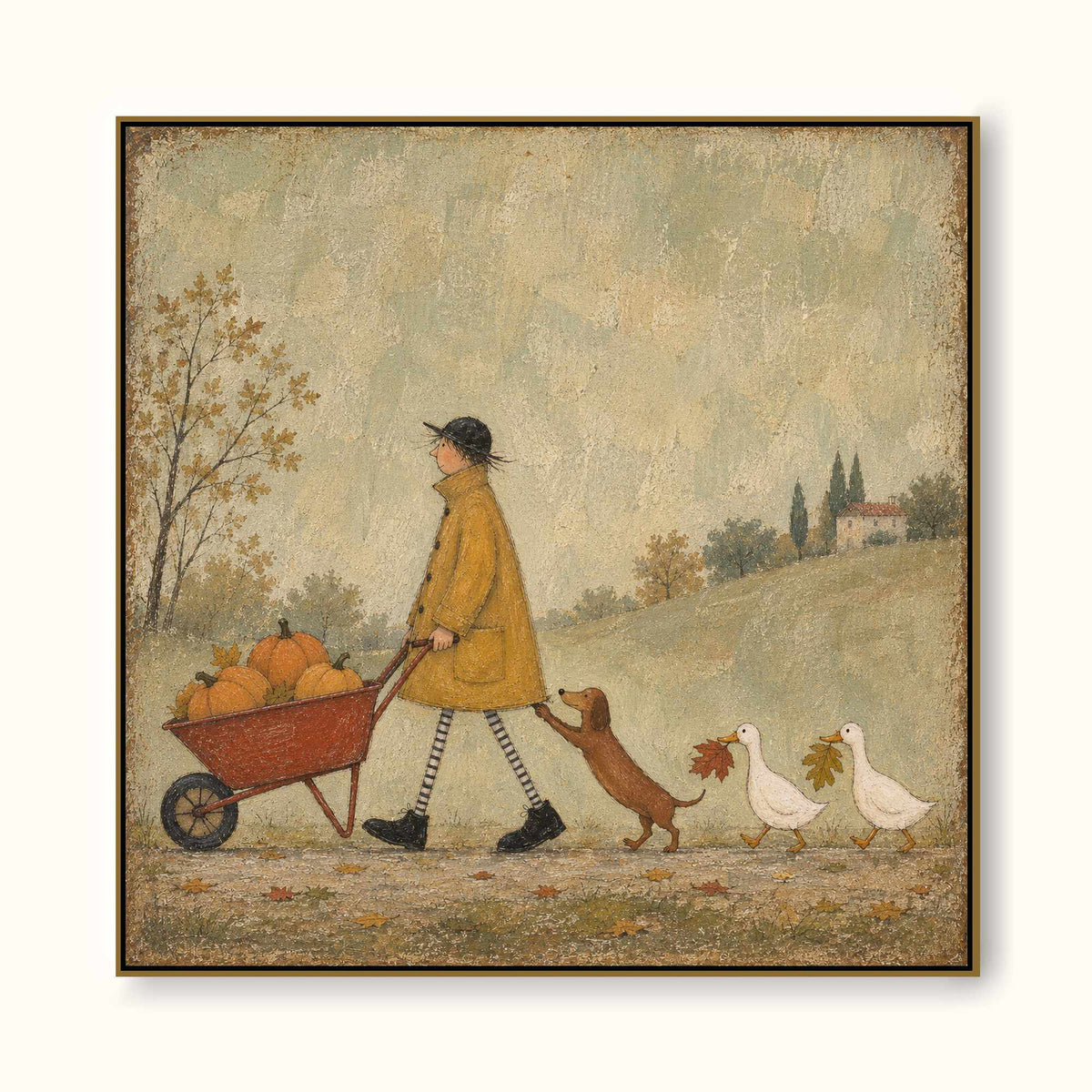 Autumn Harvest Canvas Art With Dog Ducks And Pumpkins For Kids Room Decor