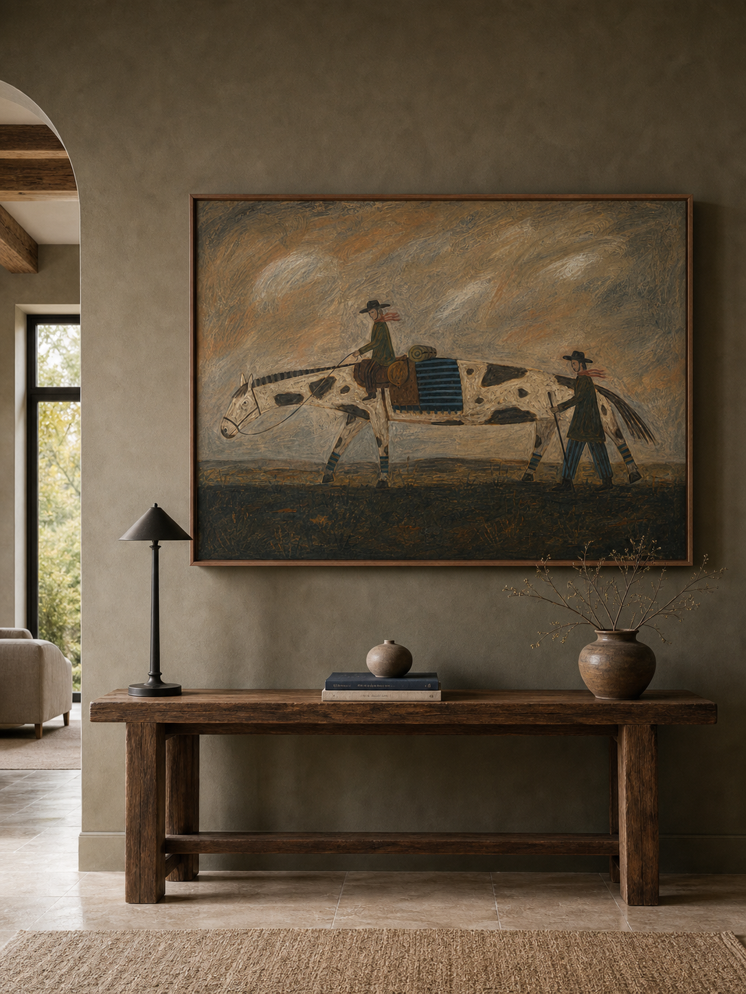 Vintage Western Horse And People Painting For Rustic Living Room Wall Art Decor