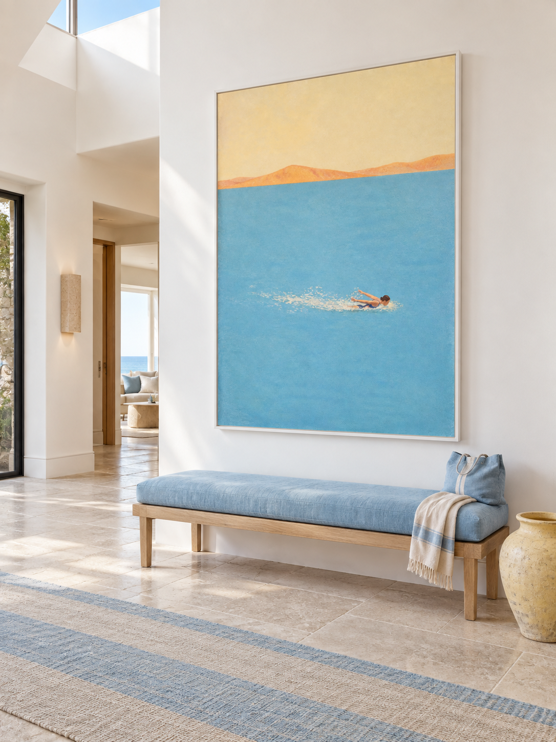 Woman Breaststroke Swimming In Blue Open Water Hand Painted Coastal Wall Art