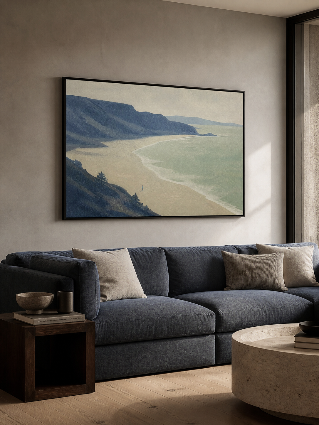 Minimalist Blue Coastal Figure Landscape Painting Large Wall Decor
