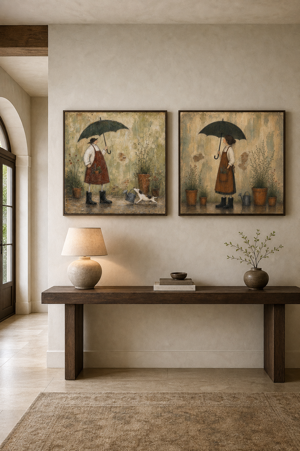English Garden Diptych Wall Art Square Framed Oil Painting Set For Rustic Living Room Design