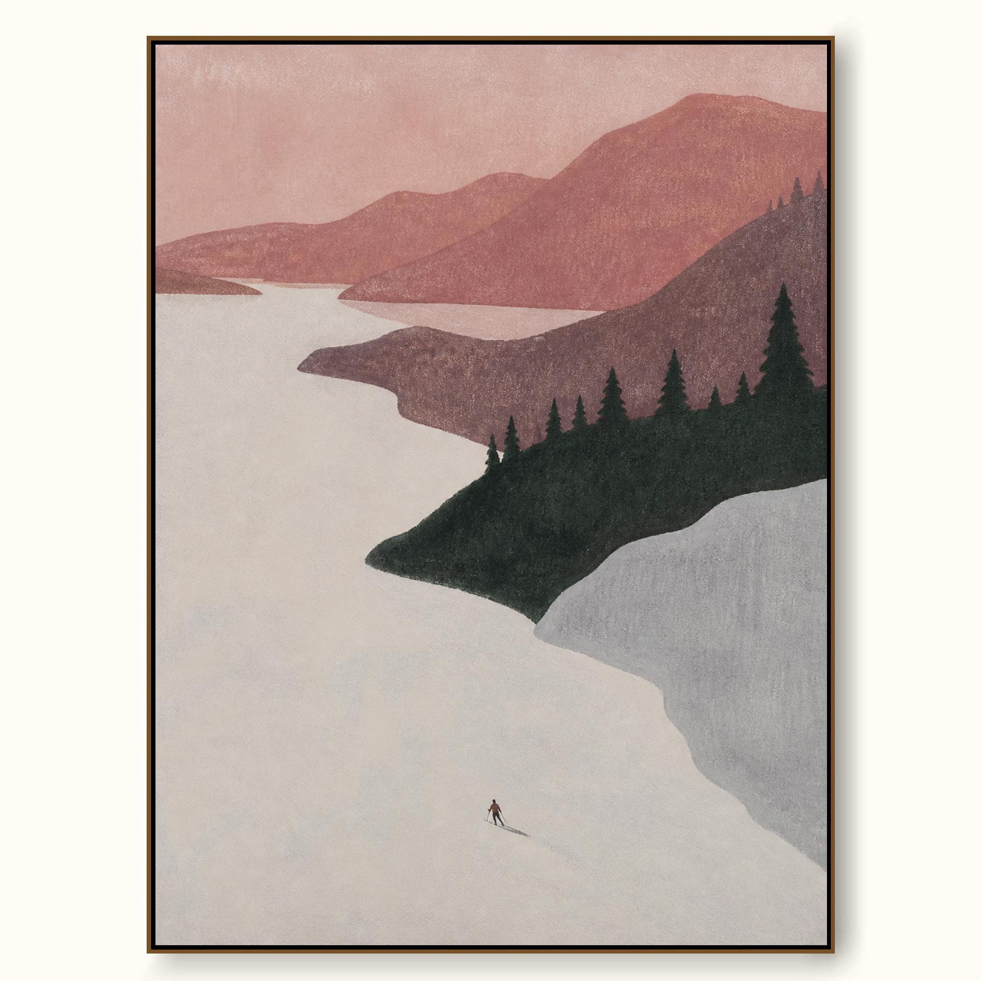 Lone Skier Crossing A Snowy Alpine Valley Contemporary Oil Painting