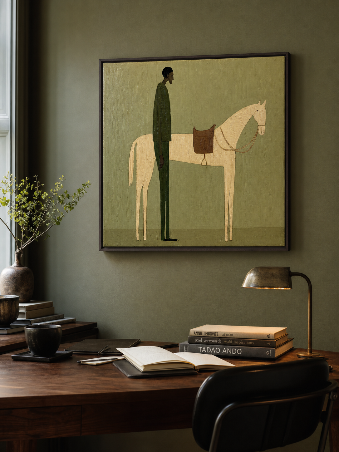 Vintage Minimalist Oil Painting Of Man With Horse In Large Framed Canvas Art