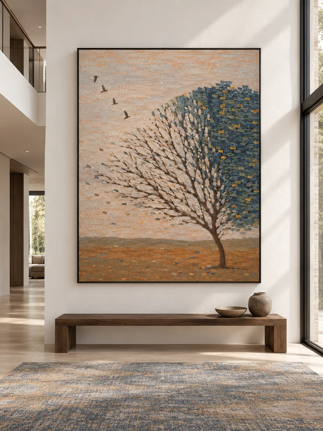 Minimalist Tree Landscape Painting Large Teal And Gold Nature Wall Art Canvas