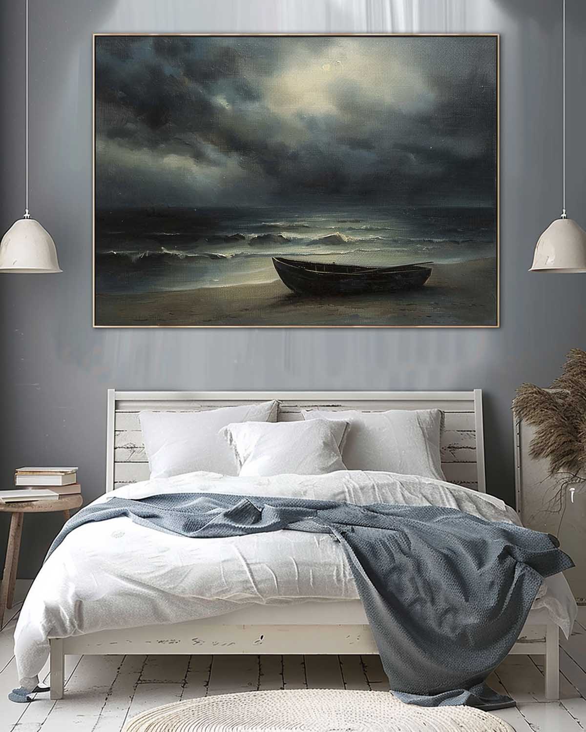 Vintage Neutral Ocean Night Painting Vintage Neutral Ocean Night Painting Retro Wabi Sabi Seaside Canvas Art