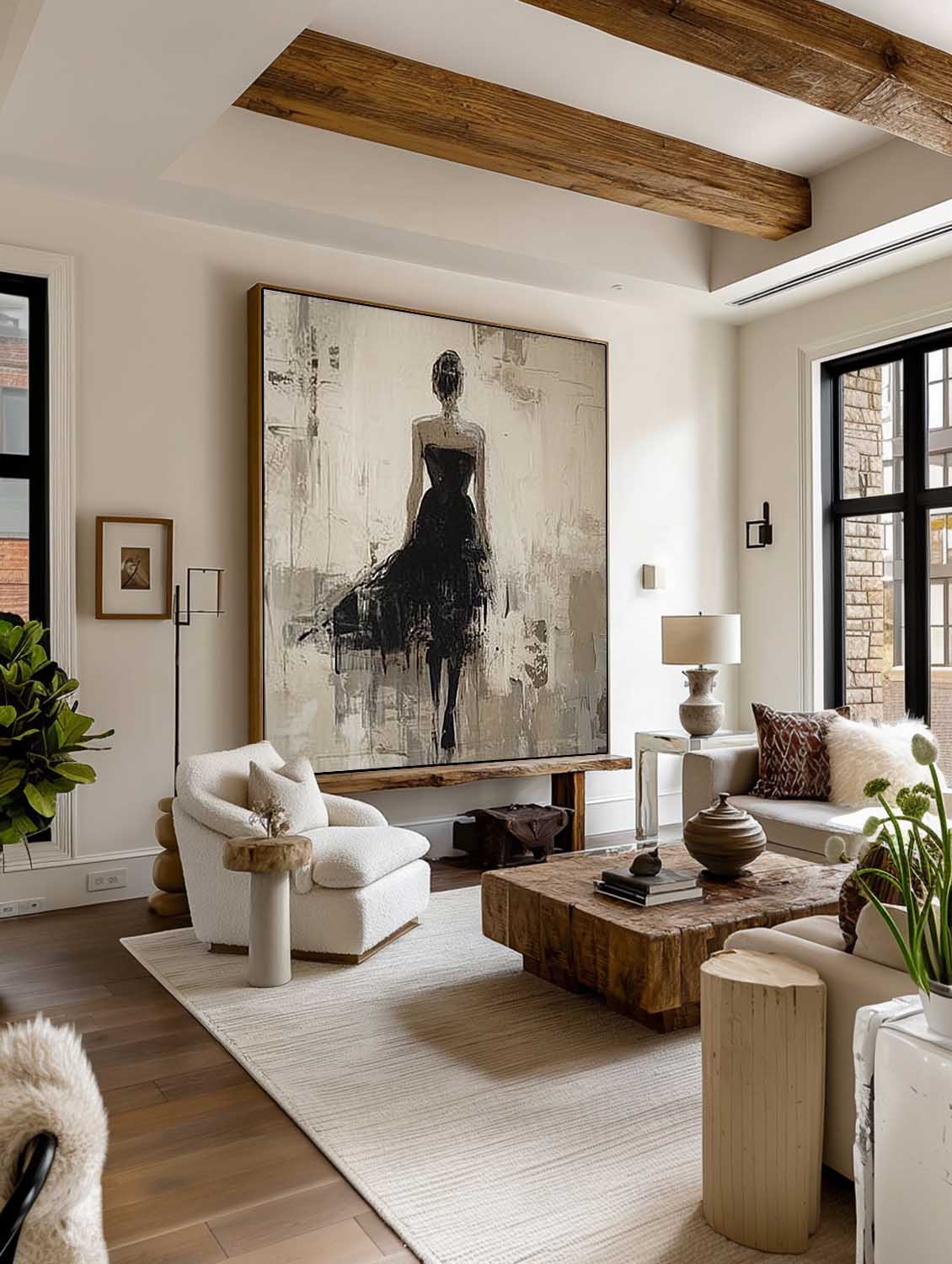 Handmade Modern Woman Art In Black Dress Large Wabi Sabi Female Painting Neutral Abstract Female Figure Oil Painting