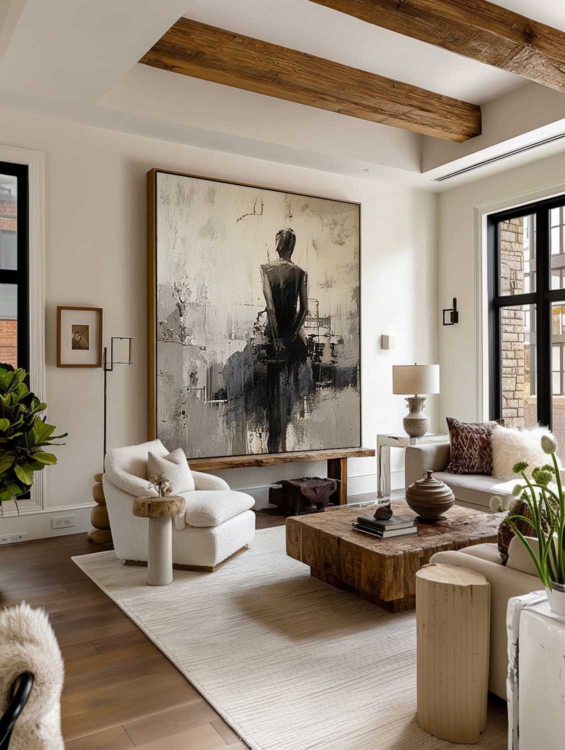 Minimalist Abstract Lady Canvas Artwork Handmade Black And Beige Lady Oil Painting Handmade Abstract Woman In Black Dress Oil Painting