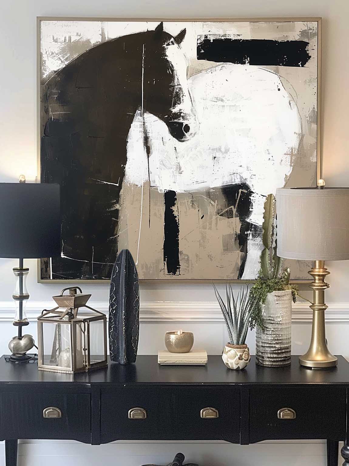 Vintage Horse Painting Large Oil Painting Horse Wall Art Original Retro Black Horse Oil Painting