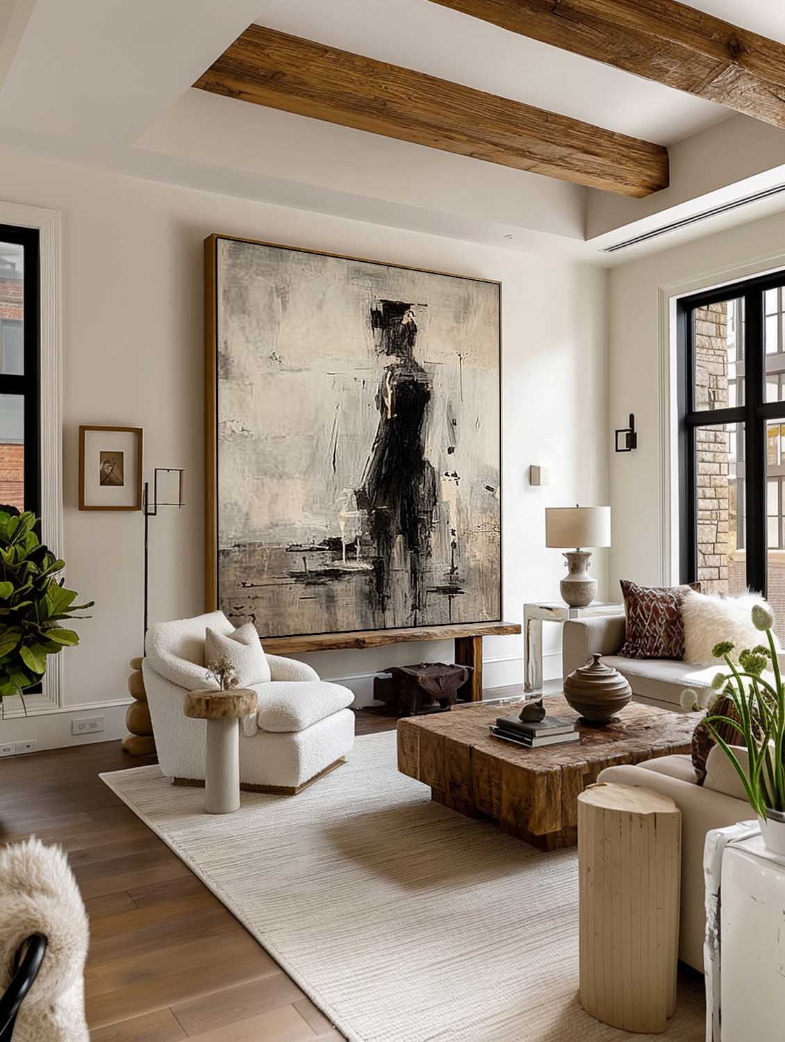 Black Abstract Wabi Sabi Character Painting Beige And Black Abstract Canvas Painting Neutral Minimalist Figure Wall Art