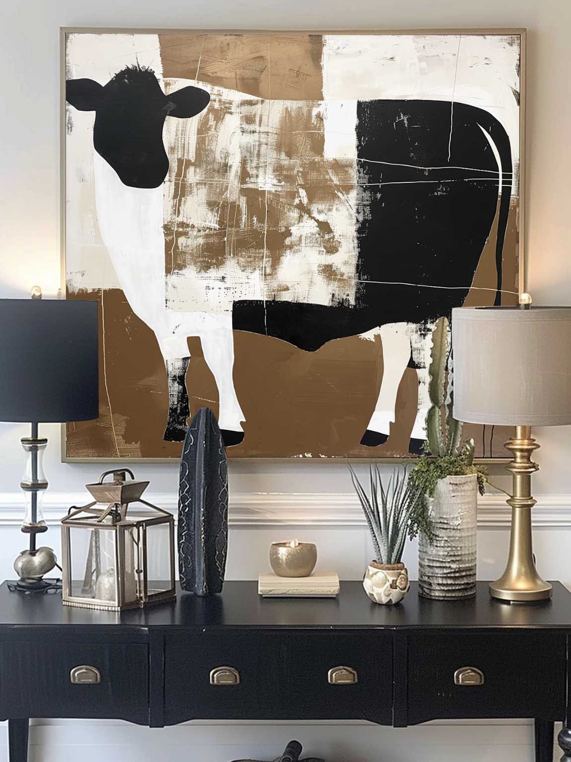 Vintage White And Black Bull Oil Painting Original Black And White Acrylic Art Large Canvas Wall Decor