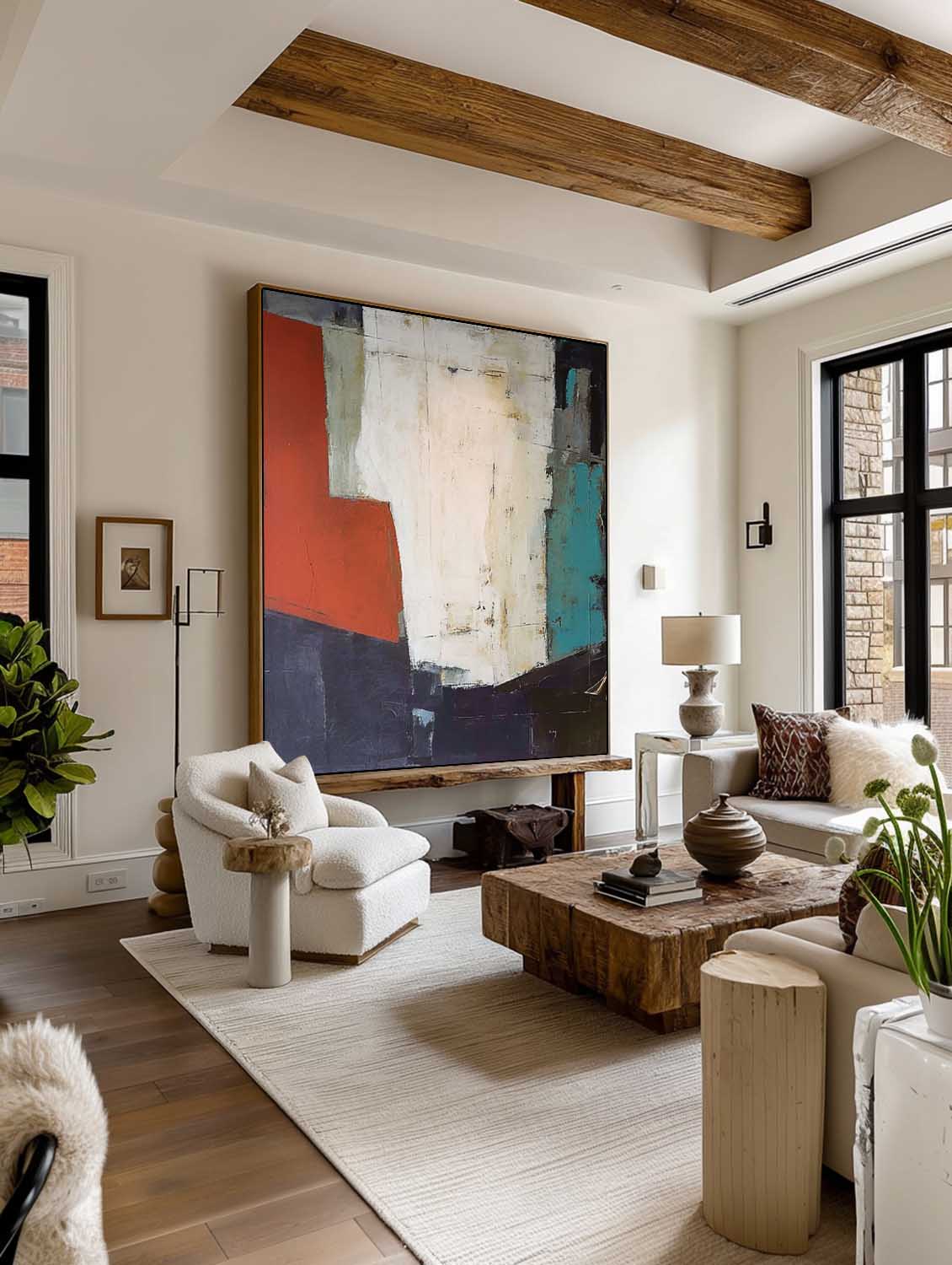 Original Neutral Abstract Canvas Painting Large Wabi Sabi Abstract Oil Painting White And Red Contemporary Wall Decor