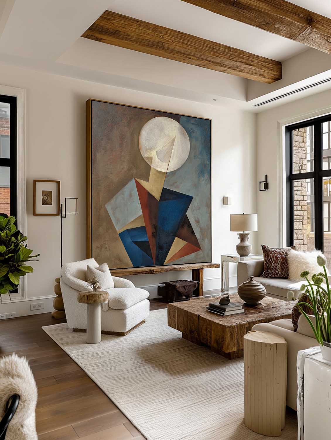 Large Geometric Abstract Round-Face Wall Art Minimalist Abstract Geometric Figure Oil Painting Handmade Geometric Oil Painting