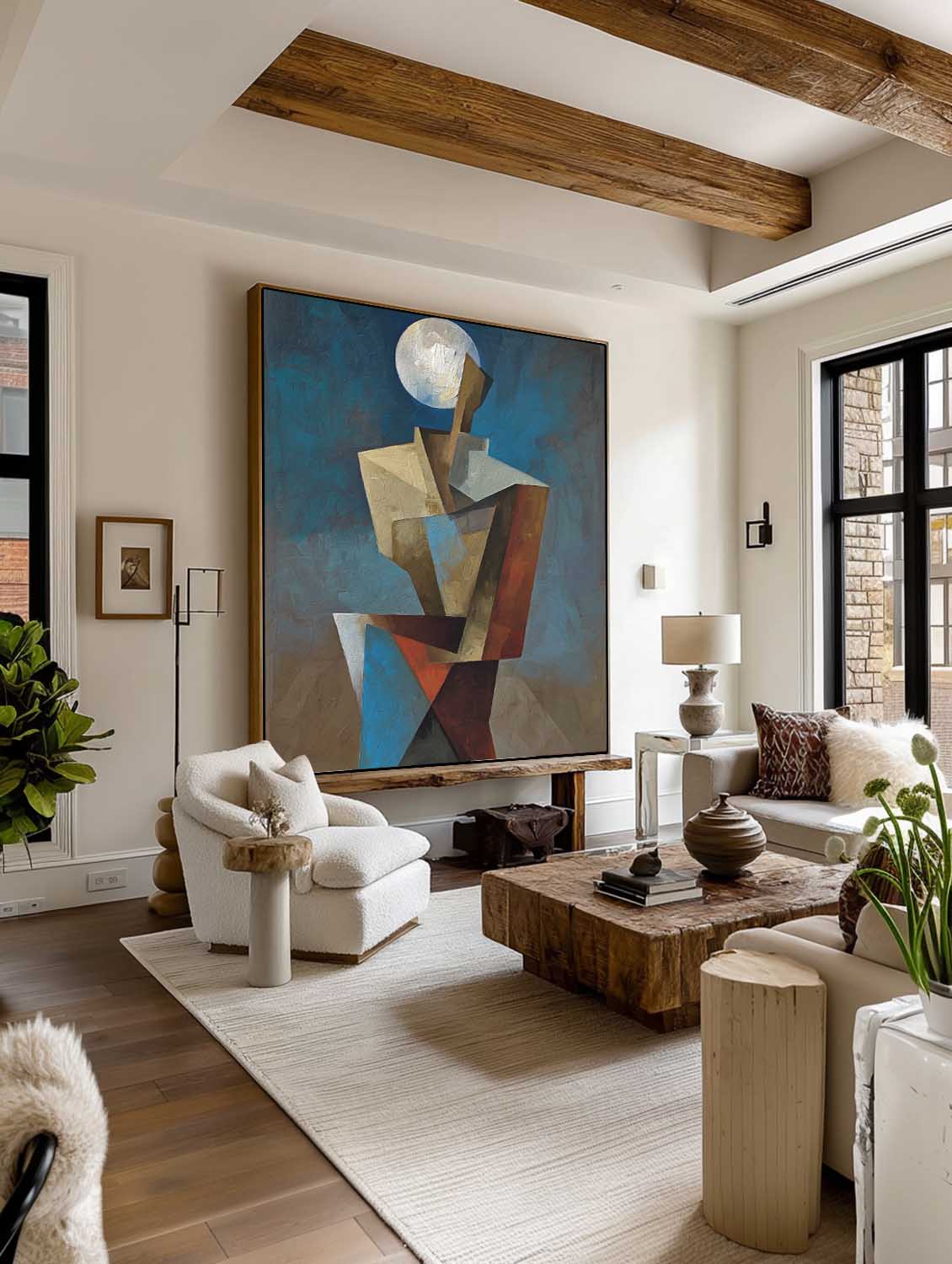 Original Red And Blue Geometry Wall Art Large Modern Colorful Geometric Oil Painting Minimalist Colorful Geometric Hand Wall Art