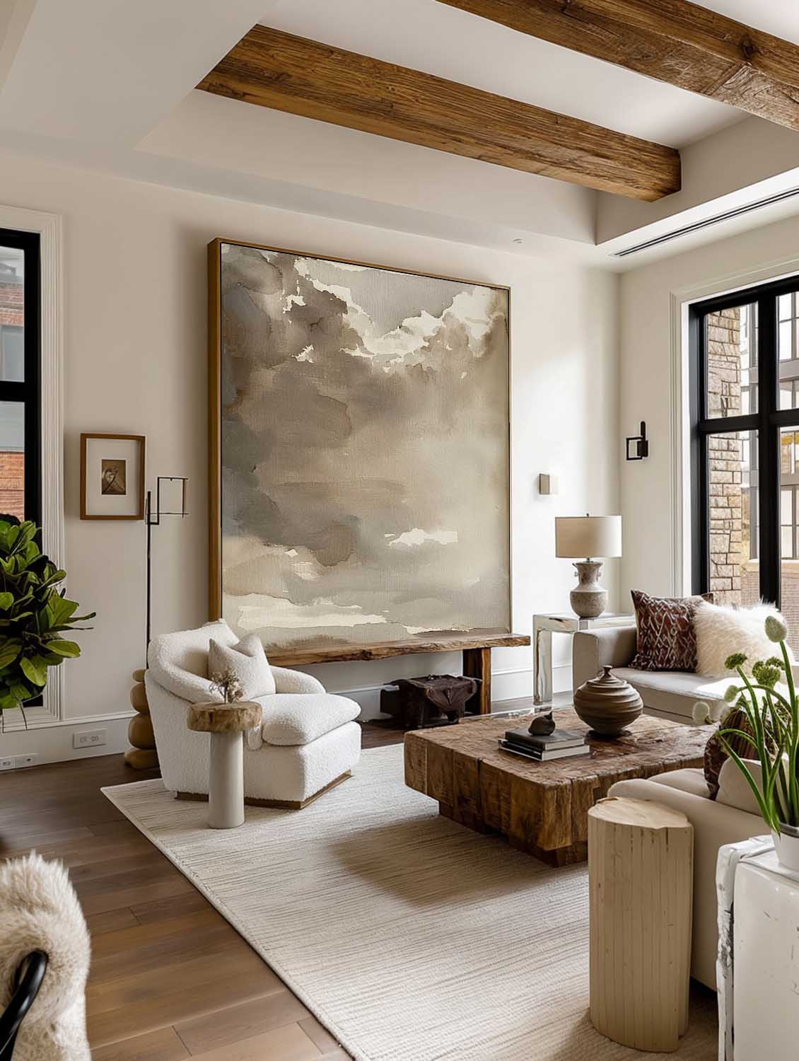 Vintage Cloud Wall Art Sky Beige Cloud Landscape Oil Painting Large Abstract Beige Cloud Painting