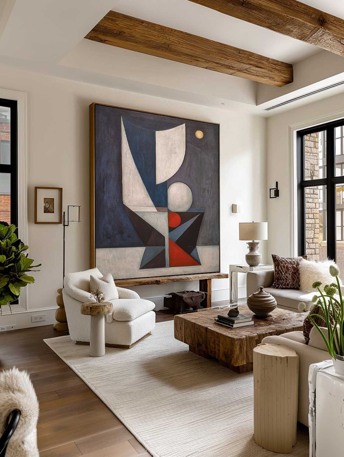 Original Handmade Blue Geometric Art Large Wabi Sabi Geometric Wall Art Modern Blue And Red Abstract Canvas Painting