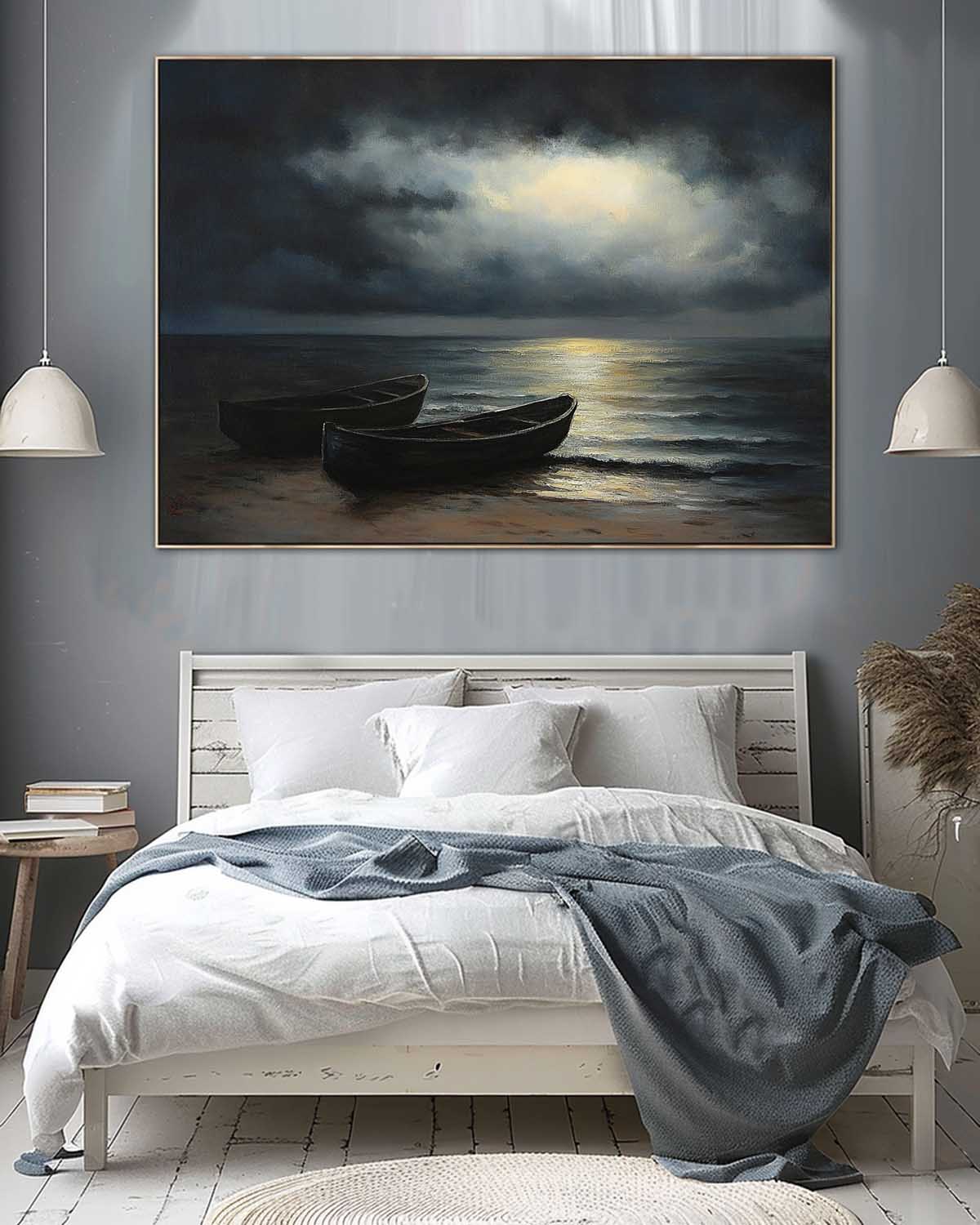 Minimalist Nighttime Seaside Oil Painting Wabi Sabi Vintage Boat At Night Painting Large Original Coastal Boat Art