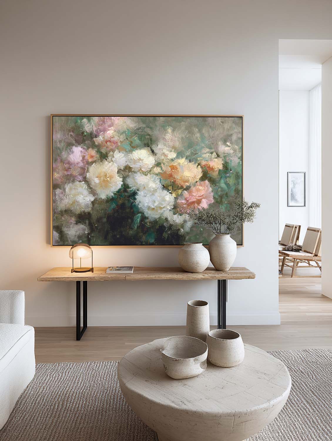 Modern Abstract White Peony Painting Minimalist Beige And White Flower Wall Art Original Abstract Floral Oil Painting