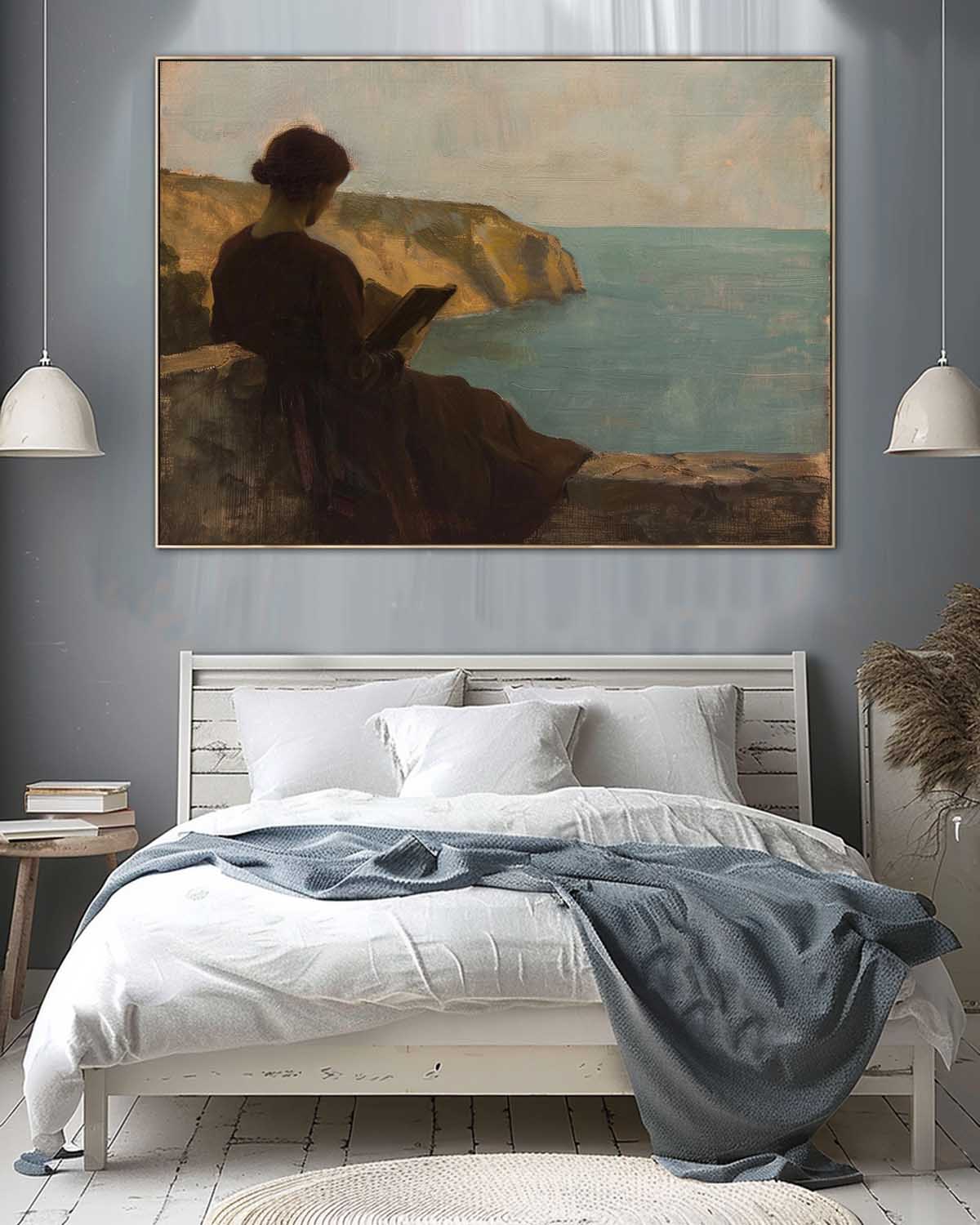 Original Woman Reading Oil Painting Woman Reading At The Sea Wall Art Moody Reading Book Wall Art