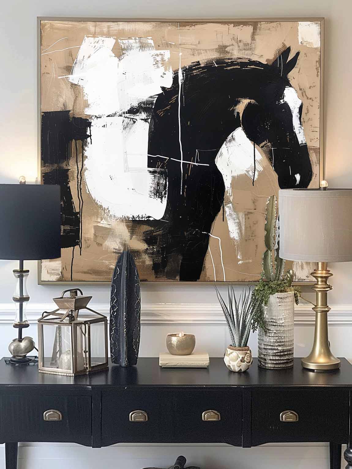 Vintage White Horse Oil Painting Black and White Abstract Horse Oil Painting on Canvas Black Abstract Painting