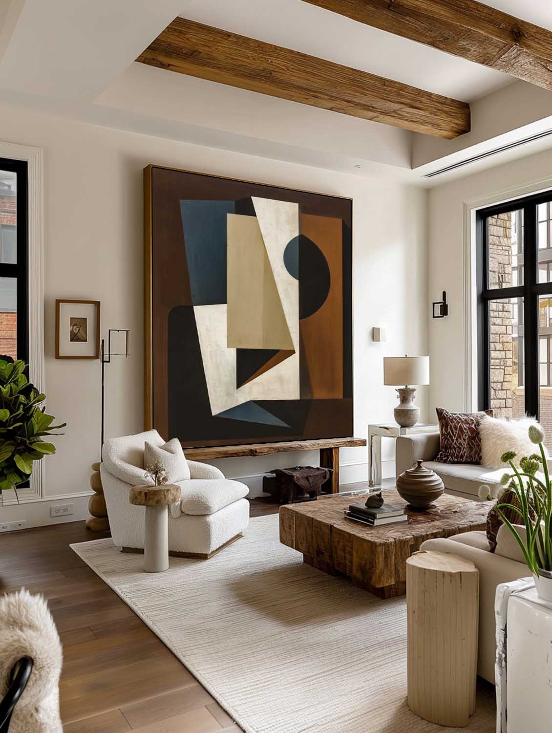 Large Minimalist Geometric Painting Abstract Earth Tone Wall Art Original Geometric Dark Oil Artwork