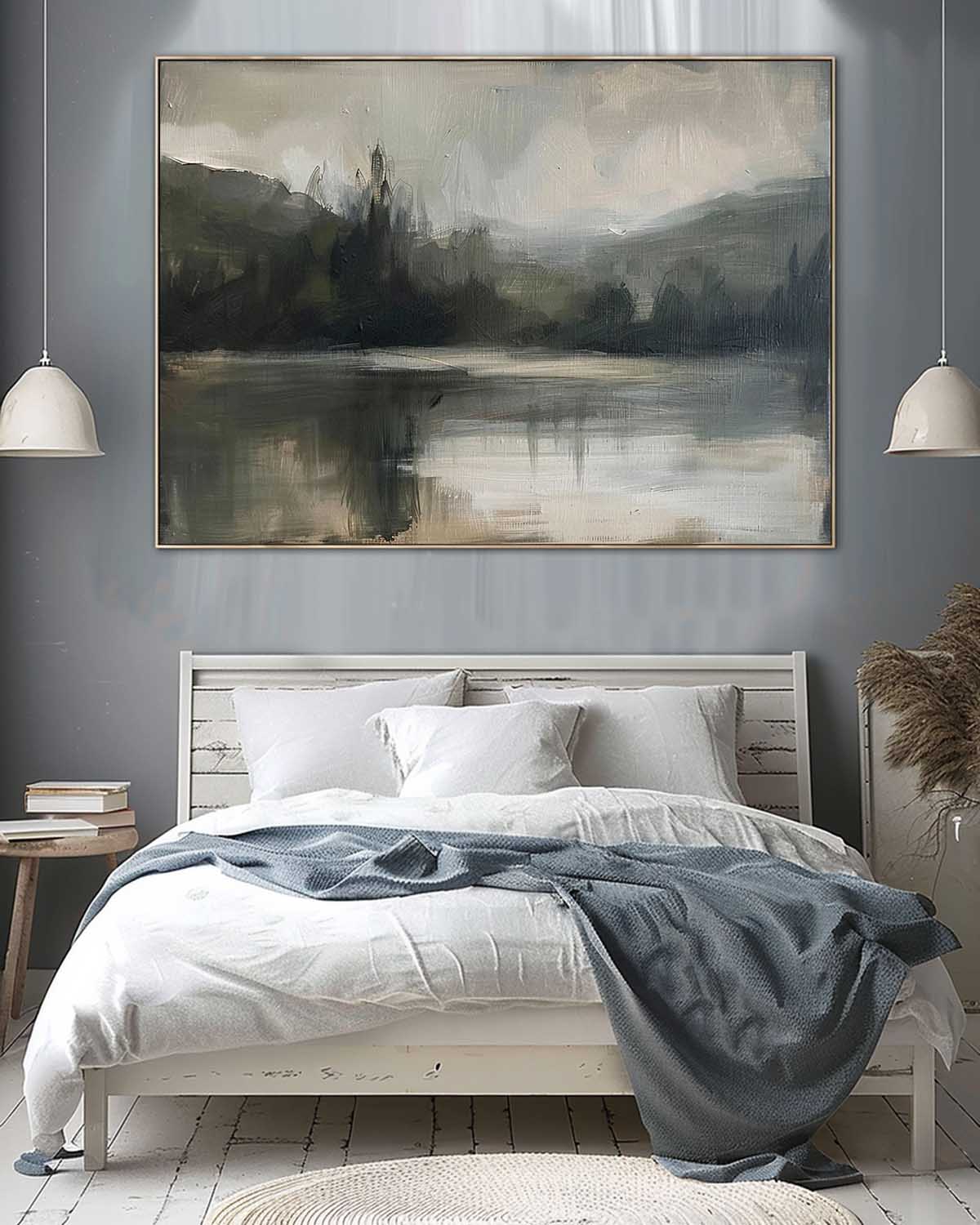 Retro Lake And Mountain Texture Painting Original Lake Wall Art Vintage Lake And Mountain Wall Art