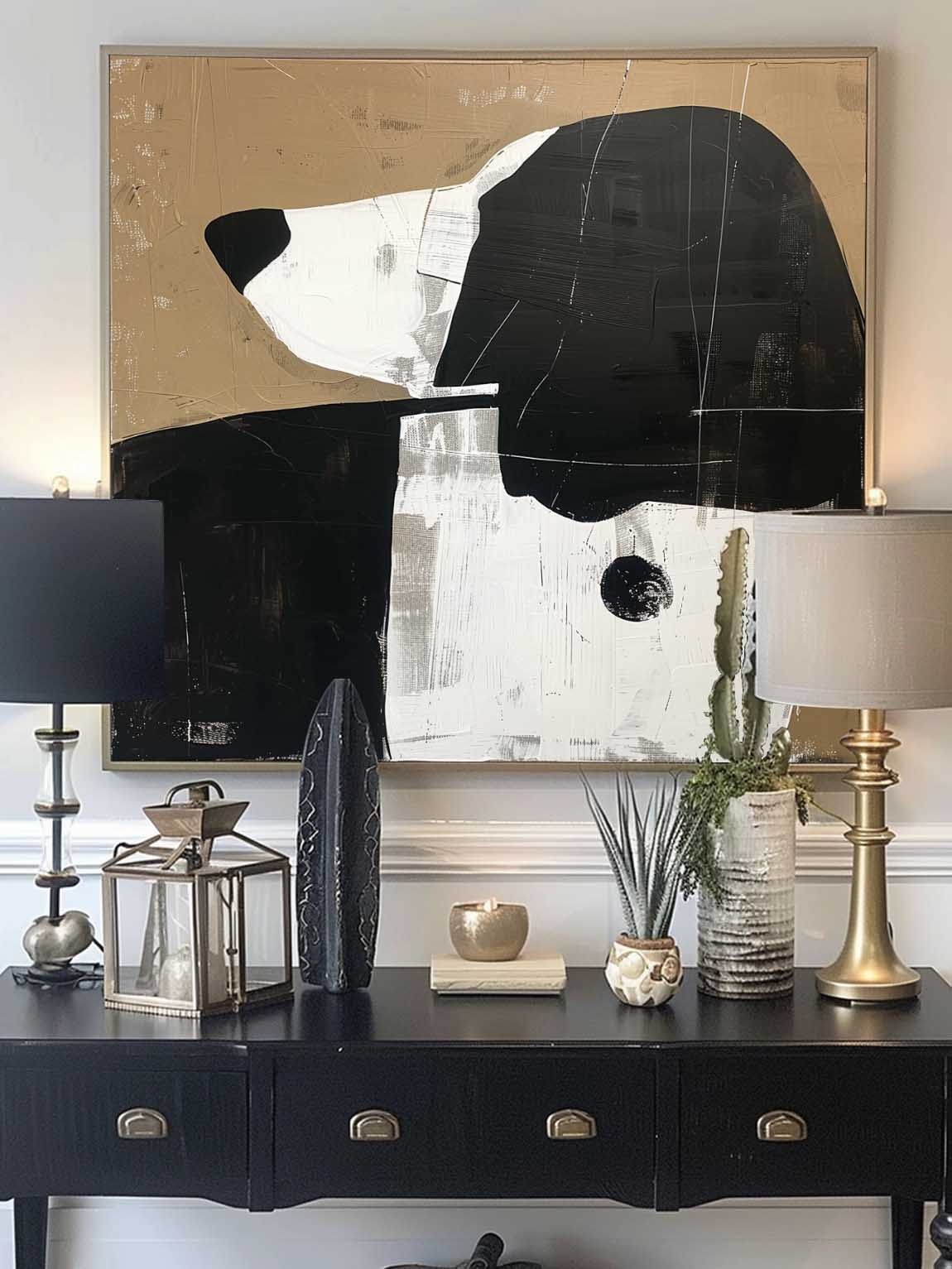 Vintage Black and White Dog Canvas Art Large Vintage Dog Oil Painting Vintage Canvas Wall Art