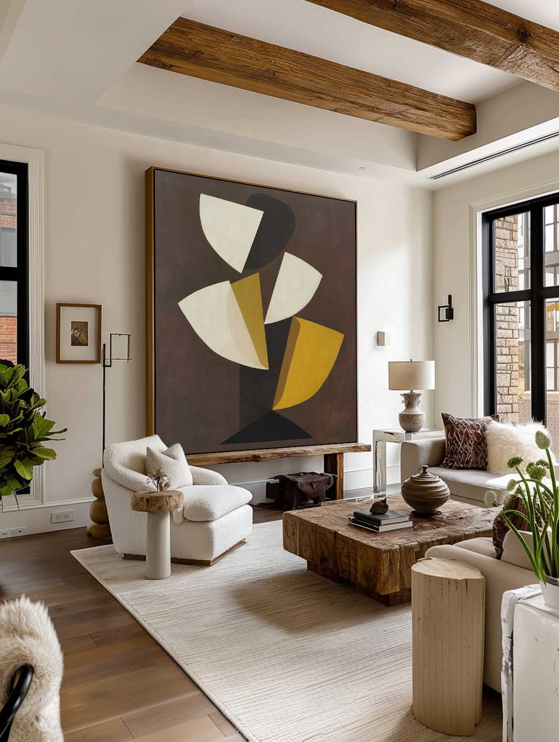 Large Yellow And Cream Abstract Wall Art Minimalism Leaf Shape Wall Art Handmade Yellow And Beige Abstract Canvas Art