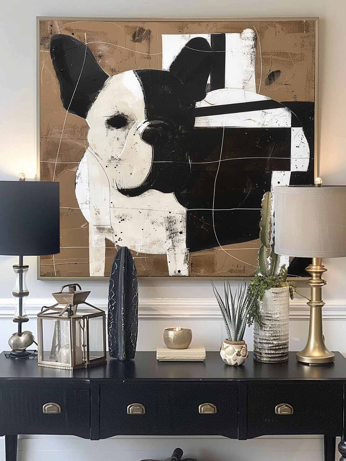 Vintage Black and White Dog Canvas Art Black And White Dog Art On Brown Canvas Vintage Wall Art