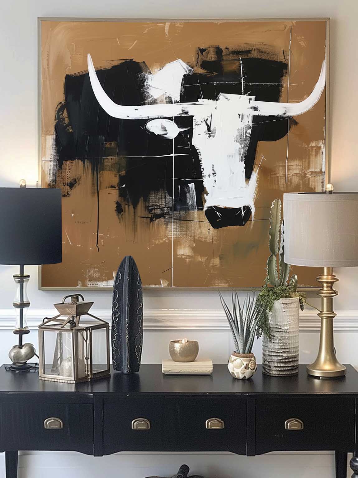 Vintage Abstract Bull Art Retro Minimalist Black And White Canvas Large Abstract Retro Wall Art