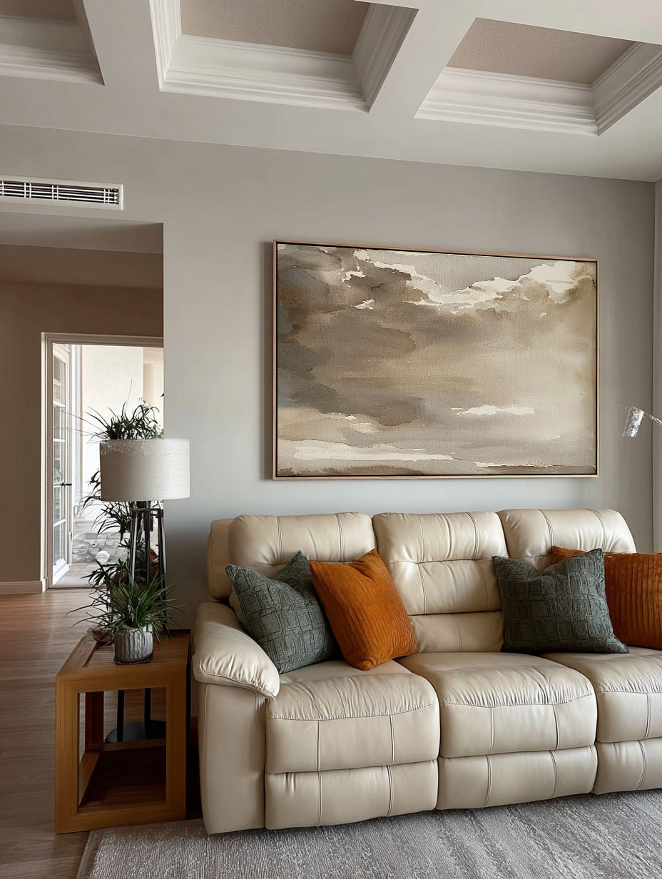 Large Minimalist Brown Landscape Painting Beige Brown Abstract Sky Art Large Neutral Brown Cloud Painting