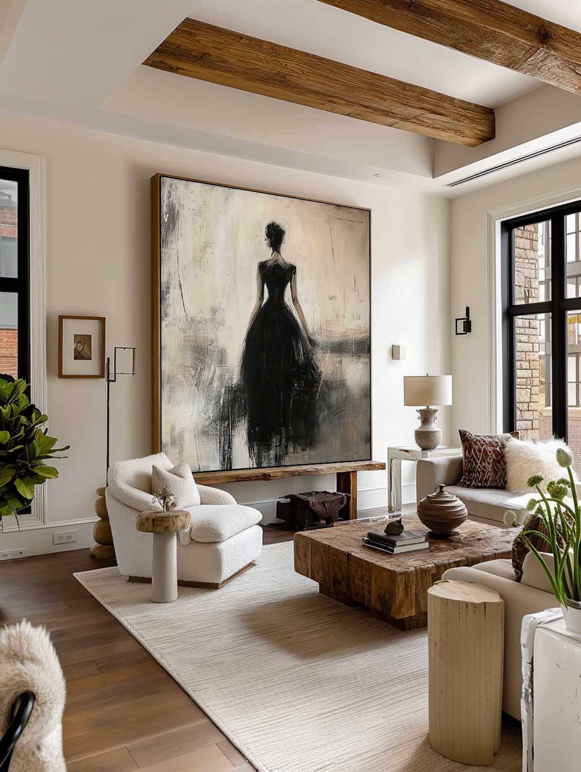 Contemporary Lady Painting In Black Dress Black Wabi-Sabi Abstract Painting Beige And Black Lady Canvas Art