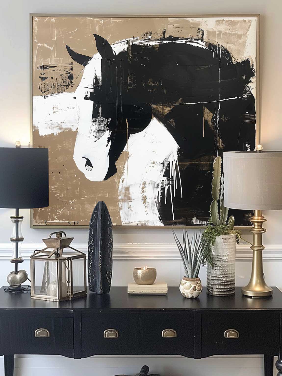 Original Vintage Black And White Horse Wall Art Retro Wabi Sabi Oil Painting Retro Neutral Decor
