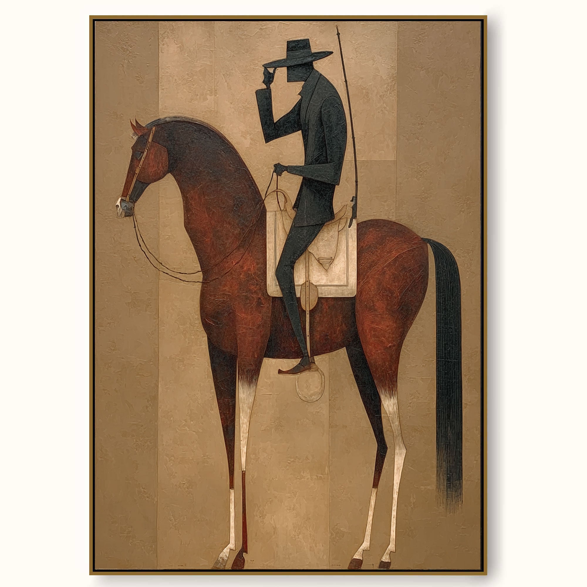 Modernist Brown And Beige Horse Painting With Abstract Human Figure