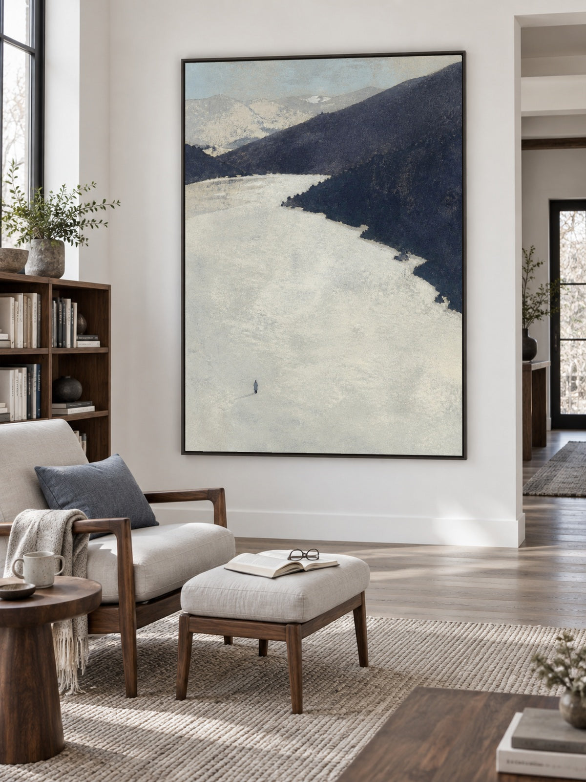 Neutral Winter Lake And Snow Covered Valley Canvas Wall Art For Bedroom